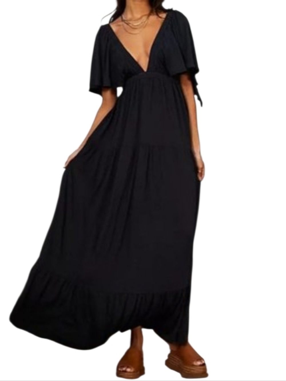 Free People La La Tiered Flutter Sleeve Black V-Neck Maxi Dress